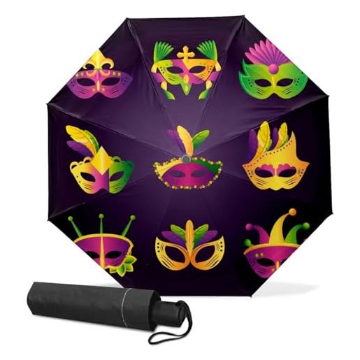 GISPOG ombrello pieghevole automatico, con maschere mardi gras, piume, gioielli, impermeabile, compatto, per sole e pioggia, da viaggio, per donne e uomini, colore unico, taglia unica
