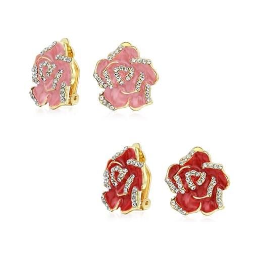 Bling Jewelry set di 2 orecchini a clip con bordo in cristallo a forma di fiore smaltato rosso e rosa per donne con orecchie non forate placcati in oro 14k stile retrò primaverile floreale