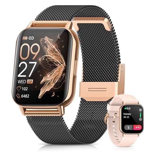 BANLVS smartwatch donna chiamate bluetooth 5.3, smartwatch orologio con cardiofrequenzimetro spo2 sonno fisiologia femminile molte modalità sportive notifiche messaggi calorie ios android nero oro
