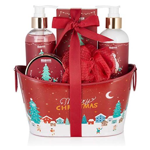 Brubaker cosmetics set bagno e doccia profumo di bacche invernali - set regalo 6 pezzi in vasca metallica decorativa natale - set natalizio per donne e uomini