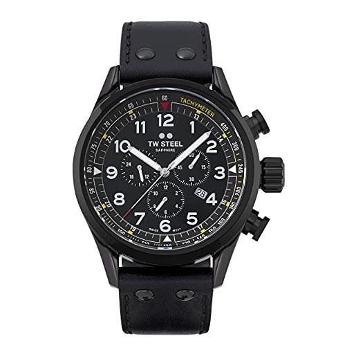 TW Steel swiss volante mens 48mm quartz watch with black dial black leather strap, and date calendar svs205
