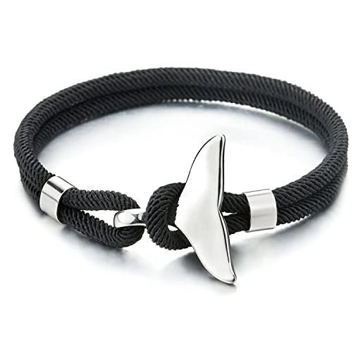 COOLSTEELANDBEYOND due ranghi nero corda braccialetto, uomo donna, fascia di polso, acciaio balena delfini coda chiusura gancio
