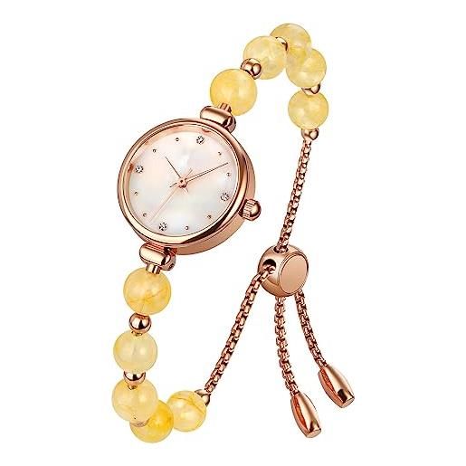 Forrader orologi da donna elegante set braccialetto oro rosa strass orologio da donna al quarzo con perle naturali braccialetti braccialetto orologi da donna, giallo, giapponese