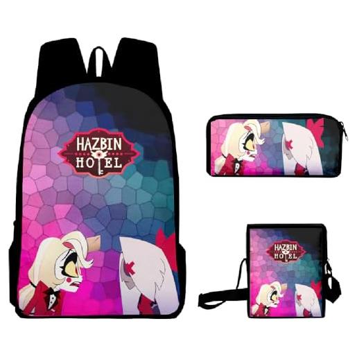 Zhongkaihua schoolbags set 3 pezzi hazbin hotel 3d anime stampa zaino tre set di stagione di apertura studente cartella borsa satchel bag+astuccio+zaino a tracolla, tipo 23, 40*30*17cm