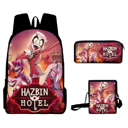 Zhongkaihua schoolbags set 3 pezzi hazbin hotel 3d anime stampa zaino tre set di stagione di apertura studente cartella borsa satchel bag+astuccio+zaino a tracolla, tipo 2. , 40*30*17cm