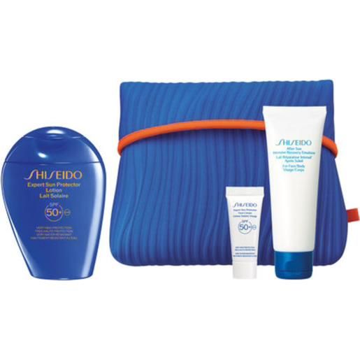 Shiseido expert sun protector lotion spf 50+ face / body confezione 150 lozione viso/corpo + 75 ml emulsione doposole + 5 ml crema viso