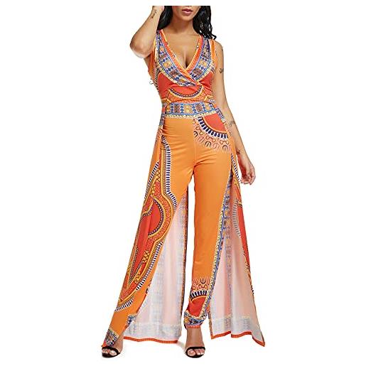 SOMTHRON tuta da donna africana con motivo floreale, senza maniche, con colletto a v, stile etnico, colore: arancione. , s