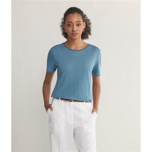 Falconeri t-shirt girocollo con bordi retina in lino azzurro denim