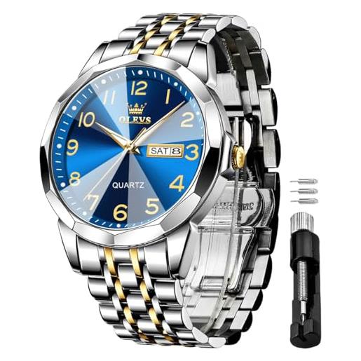 OLEVS orologio da uomo di lusso in acciaio inossidabile dorato analogico al quarzo impermeabile luminoso data diamante business bicolore casual orologio da polso da uomo, blu, bracciale