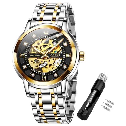 OLEVS orologio da polso da uomo, meccanico, automatico, a carica automatica, lussuoso, in acciaio inox, quadrante oro/nero, impermeabile, luminoso, g9901: nero