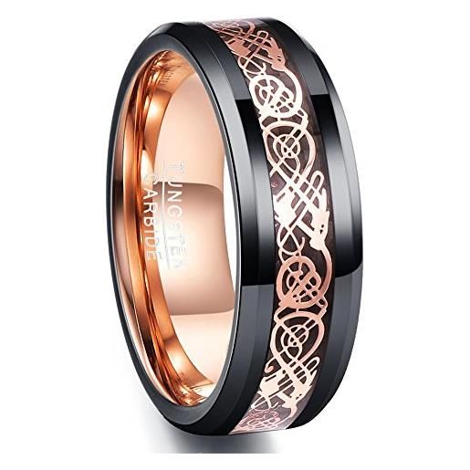 NUNCAD anello in tungsteno uomo donna nero con drago celtico oro rose e fibra di carbonio per matrimonio fidanzamento quotidiano e moda 8mm taglia 14-32
