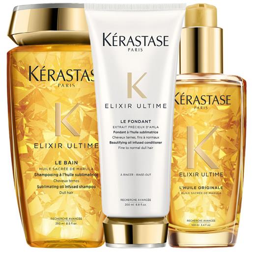 Kérastase kit Kérastase elixir ultime shampoo le bain 250ml + conditioner le fondant 200ml + leave in l'huile originale 100ml