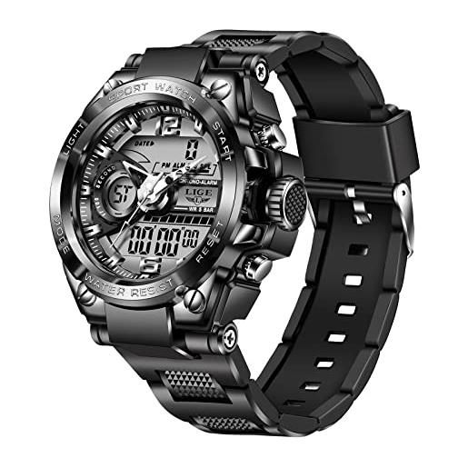 LIGE uomo digital sports watch, outdoor militare grande faccia dia 30m orologi da polso impermeabile per gli uomini con allarme led/data/antiurto oro nero