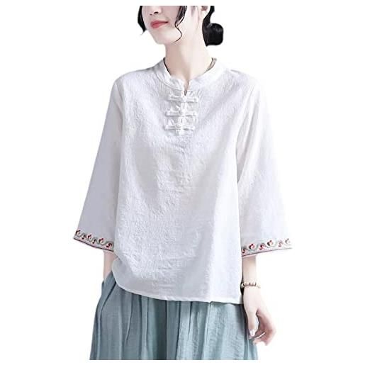 XuanXmy camicia a collo alla coreana con bottoni a forma di rana per donna in stile cinese, con ricami floreali retrò e maniche svasate in cotone lino bianco m