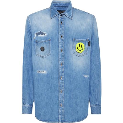 Philipp Plein camicia denim con placca logo - blu