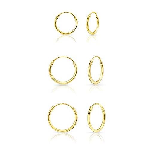 DTPsilver® set orecchini cerchio argento 925 placcato oro giallo - orecchini cerchio donna argento 925 - set da 3 paia orecchini a cerchio piccoli - spessore 1.5 mm - diametro 12, 14, 16 mm