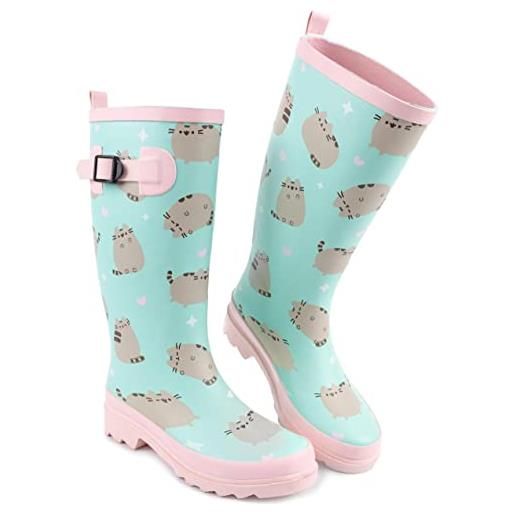 Pusheen the cat wellies womens | ladies pink mint green cartoon cat hearts wellington boots | regali per scarpe da passeggio resistenti all'acqua
