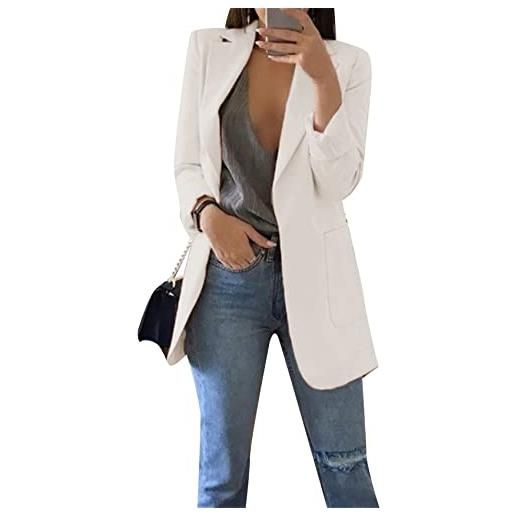 YMING donna tuta casual colore solido davanti aperto blazer con tasche giacca elegante khaki m