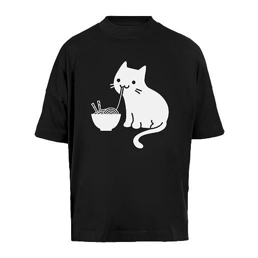 Vendax simpatico gatto che mangia ramen unisex maglietta larga a maniche corte uomo donna nera baggy t-shirt short sleeves black