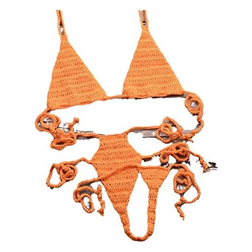 SWEPER costume da bagno in due pezzi da donna - micro costume da bagno fatto a mano all'uncinetto alla moda mini bikini sexy da donna bikini da spiaggia per prendere il sole beachwear, arancione, s