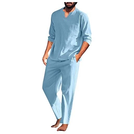 Beokeuioe pigiama da uomo in due pezzi, a maniche lunghe e pantaloni lounge, con scollo a v, in cotone e lino, stile retrò, a maniche lunghe, b azzurro, l