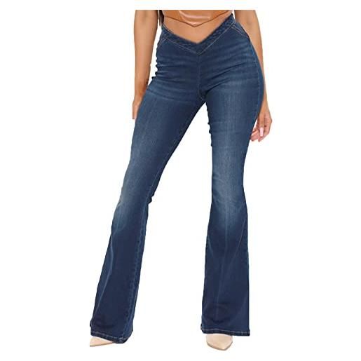 YANFJHV jeans da donna pantaloni svasati in jeans elasticizzati scuri con vita a v maniche per braccia eleganti (dark blue, m)