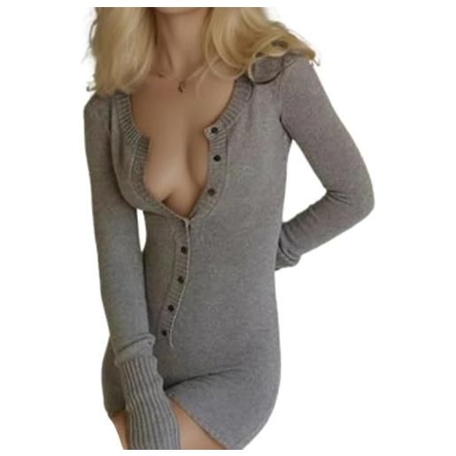 KaRFri buckle closure waist slimming elastic knit romper, women's sexy comfy jumpsuit, crew neck casual and comfortable jumpsuit (grey, m)