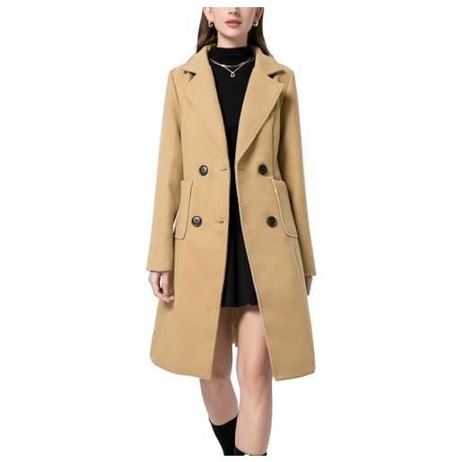 Sukany cappotto invernale da donna in misto lana con colletto dentellato doppio petto con risvolto mid long jacket outwear, cammello, m