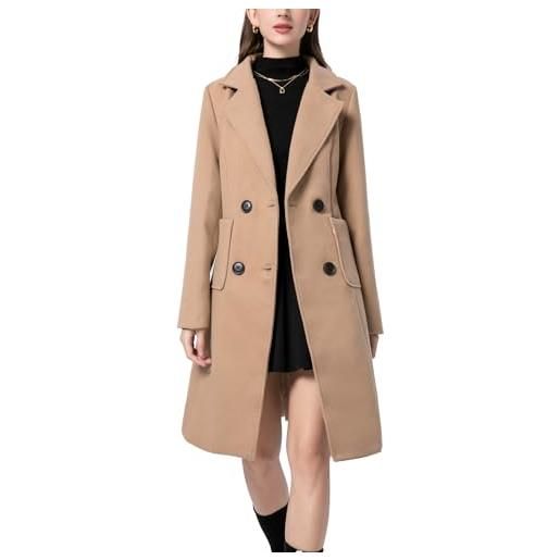 Sukany cappotto invernale da donna in misto lana con colletto dentellato doppio petto con risvolto mid long jacket outwear, cammello, m