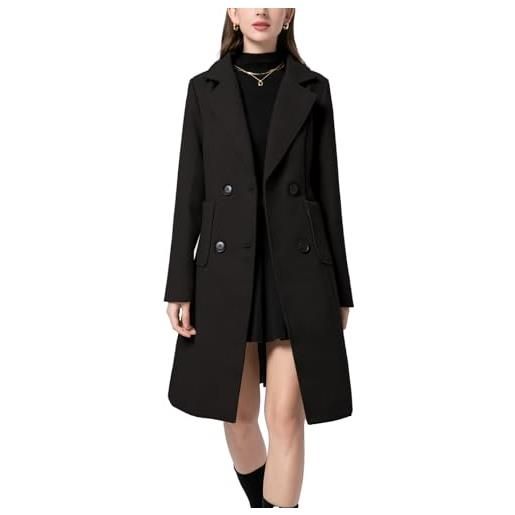 Sukany cappotto invernale da donna in misto lana con colletto dentellato doppio petto con risvolto mid long jacket outwear, nero , s