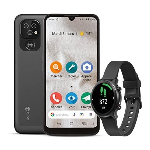 Doro 8100 + smartwatch - 4g smartphone anziani - cellulare facile anziani - resistente all'acqua - fotocamera 13mp - display 6.1 - tasto assistenza - orologio fitness - uomo - donna (nero+nero)