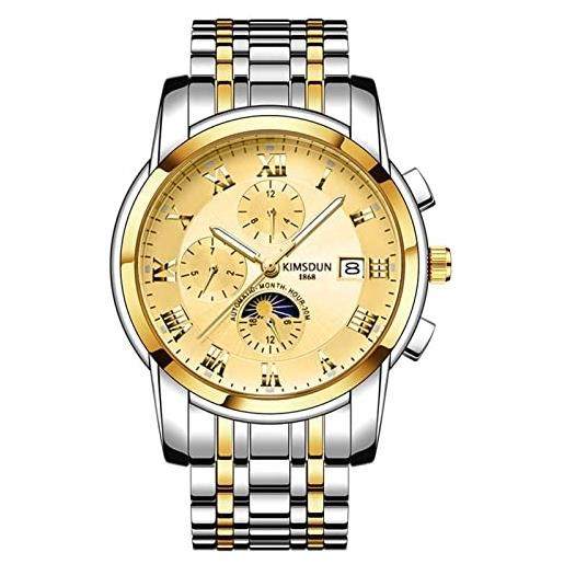 LTJXL orologio automatico uomo calendario cronografo cinturino in inossidabile sole luna stella design tre lancette della quadrante orologio da polso per maschile regali, b