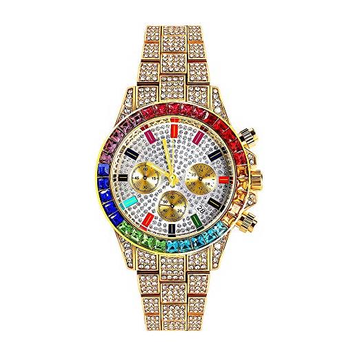 Lumemery orologio al quarzo cronografo uomo hip pop con quadrante rotondo simulato diamante simulato orologio da polso analogico