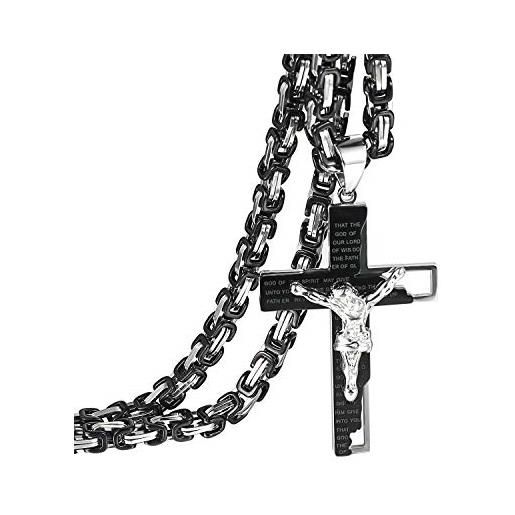 OIDEA collana da uomo a forma di croce con catena bizantina, ciondolo a forma di croce con ciondolo a forma di croce con catena di grano, oro nero e argento, acciaio inossidabile