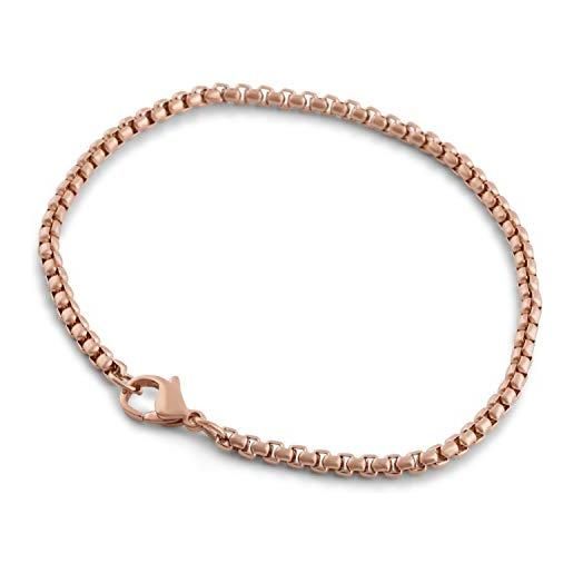 Akitsune baca maglie della catena braccialetto | 3 mm di diametro | box rolo chain degli uomini donne in acciaio inox moschettone minimalista - oro rosa 22 centimetri