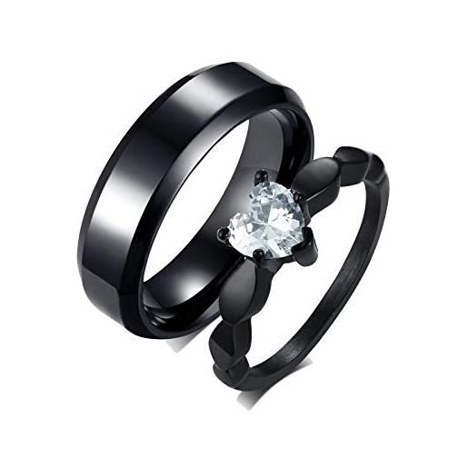 Gualiy anello fidanzamento coppia acciaio inossidabile, coppia fidanzati anello nero anello 6mm con cuore zirconia cubica donna taglia 15 uomo taglia 22