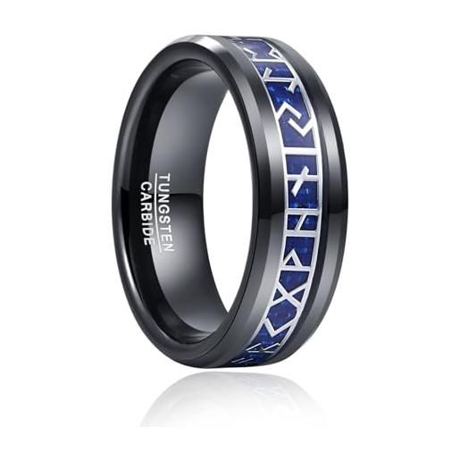 TUNGSTORY anelli blue-nero per uomini donne 8mm anello di matrimonio tungsteno anello runa vichingo anello di fidanzamento taglia 22.5