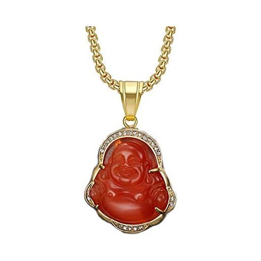 Gilieyer collana buddha di giada verde, collane con ciondolo buddha che ride fortunato collana buddha giada cubic zirconia ciondolo amuleto collane gioielli regalo per uomo donna (rosso)