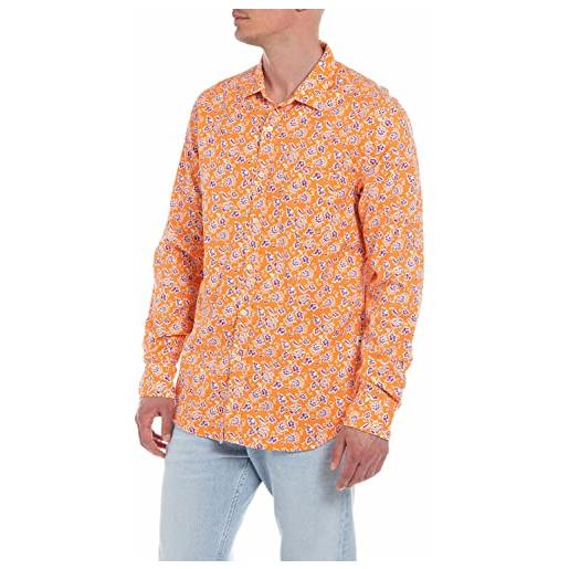Replay m4106 camicia, 010 arancione con fiori stampati, xs uomo