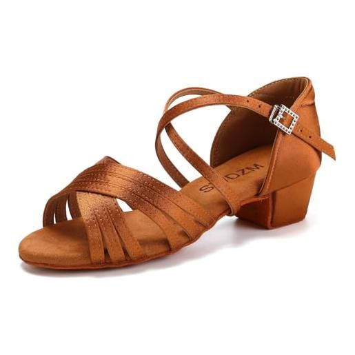 SWDZM scarpe da ballo latino americano bambina&donna scarpe da ballo salsa bambina con tacco basso, 912db, marrone raso, tacco 3.5cm, suola in camoscio, 29 eu