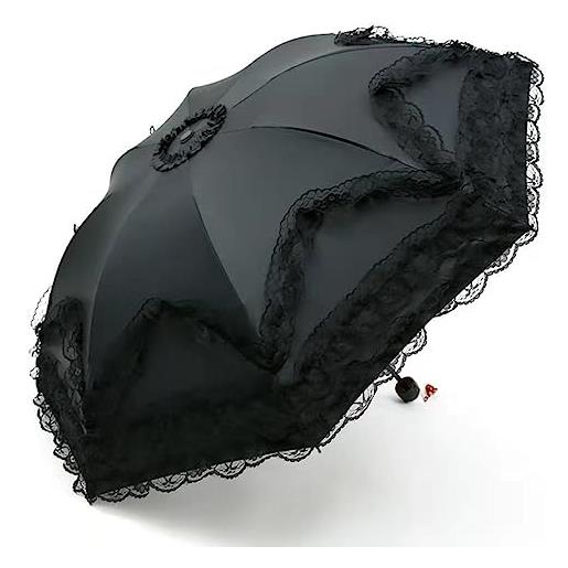 BORATO ombrello pieghevole protezione solare anti-uv pizzo principessa ombrello pioggia fold compact travel uortable sun parasole antivento vintage lolita ombrello-black, manual