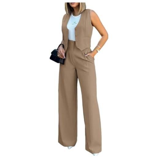 shownicer tailleur donna eleganti pantaloni e gilet curvy completo blazer a senza maniche 2 pezzi tuta elastici in vita set di abiti in tinta unita pantalone giacche due pezzi suit a cachi xxl