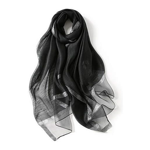 QXIYUAN sciarpa di seta pura della lana di seta delle donne inverno selvaggio oro scialle di seta di gelso sciarpa di seta argento nero taglia unica