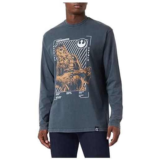 Recovered star wars orange chewbacca relaxed l/s washed black maglietta by t-shirt, nero, l uomo