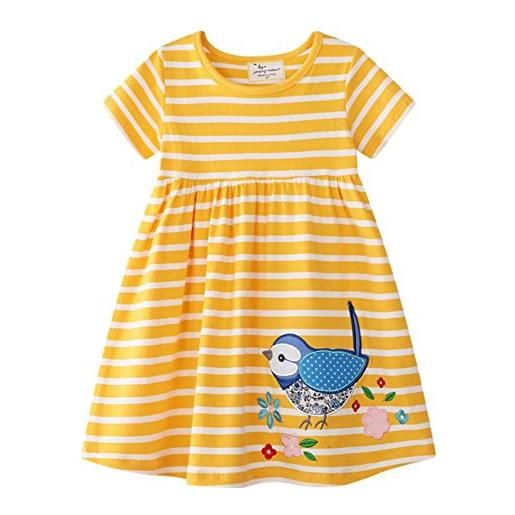 Mrkeung vestiti ragazze vestiti bambini estivi vestito ragazze gonna bambini vestito stampa uccelli floreali righe cotone giallo-5t