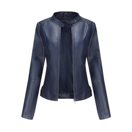 HZQIFEI giacca in pelle pu da donna, giacca motociclista da donna corta casual per primavera e autunno pjk02 (blu scuro, m)