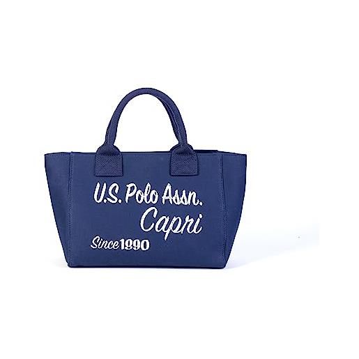 U.S. Polo Assn. - borsa shopper beach bag shopping in cotone, blu scuro-bianco (30 x 15 x 21 cm)