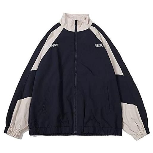 Yeooa giacca vintage harajuku da donna stile hip hop paneling antivento unisex streetwear giacca leggera oversize casual bomber. (blu, l)