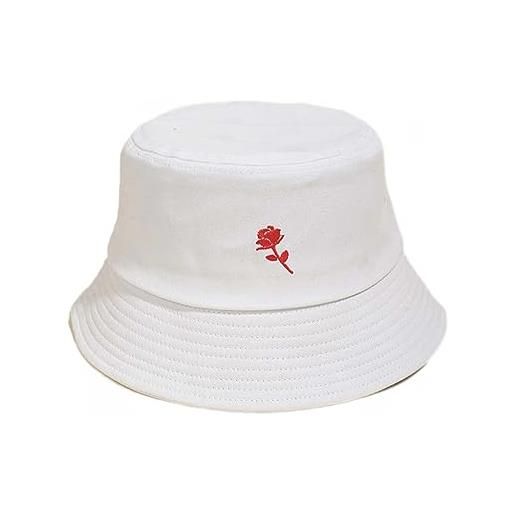 Generic cappello da pescatore ricamato rosa rossa cappello da sole ripiegabile in cotone bianco cappellino moda outdoor beach escursionismo cappello da pescatore per uomo donna coppia, bianca, 56,58cm