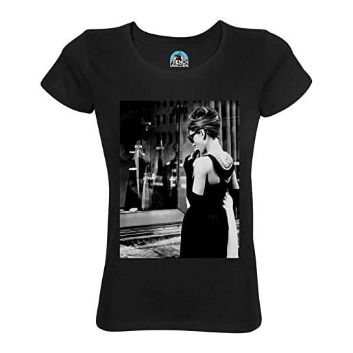 French Unicorn audrey hepburn - maglietta da donna con scollo rotondo in cotone biologico, immagine retrò, attrice hollywood, nero , m